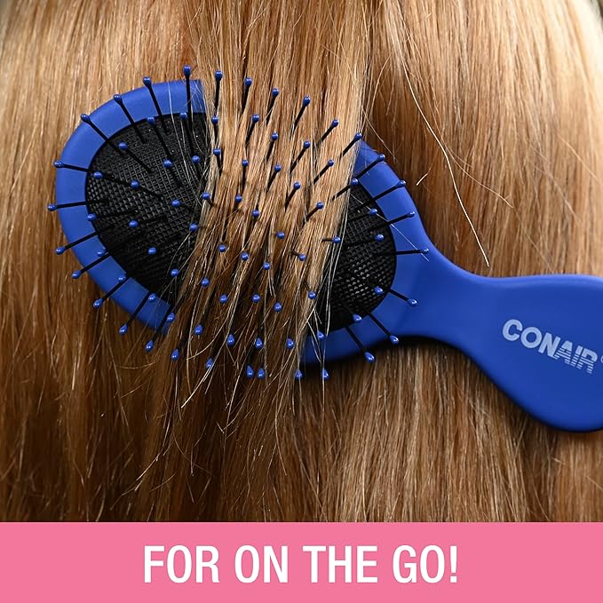 Conair Detangling 3PK mini hair brush - use wet or dry - ideal for curly or straight styles - detangler hairbrush - hairbrushes for women - great for travel - Pink, Grey, Blue