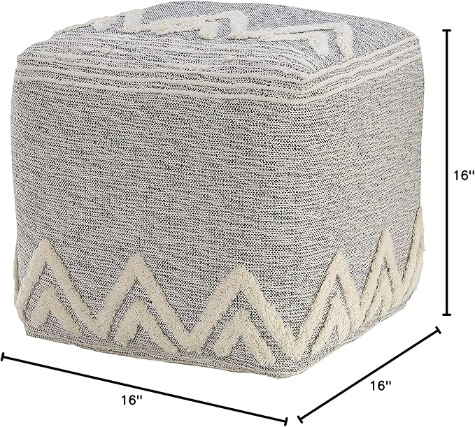 LR Home Gray/Ivory Geometric Hand-Woven Polyester Ottoman Pouf for Home Decor | Modern Transitional Foot Rest for Bedroom & Living Room Decor | 16 x 16 x 16 Stuffed Ottoman for Seating