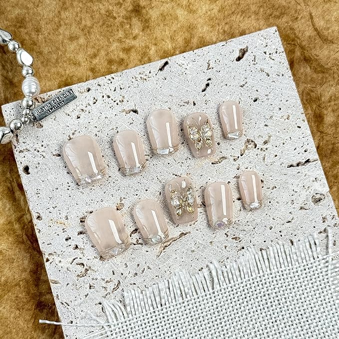 Medium-Nude Luxe Blossom French Tip Press-On 10 Nails Manicure Kit for Women | Custom Handcrafted Nail Glue, Dual Nail File, Cuticle Stick & Buffer Block | Measure Before Ordering