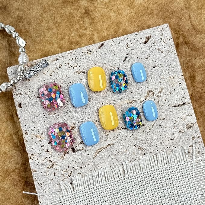 Large-Sunshine Confetti Fake Nails Press-On Manicure Kit for Women | French Tip 10 Nails | Nail Glue, Dual Nail File, Cuticle Stick, Buffer Block | Measure Before Ordering