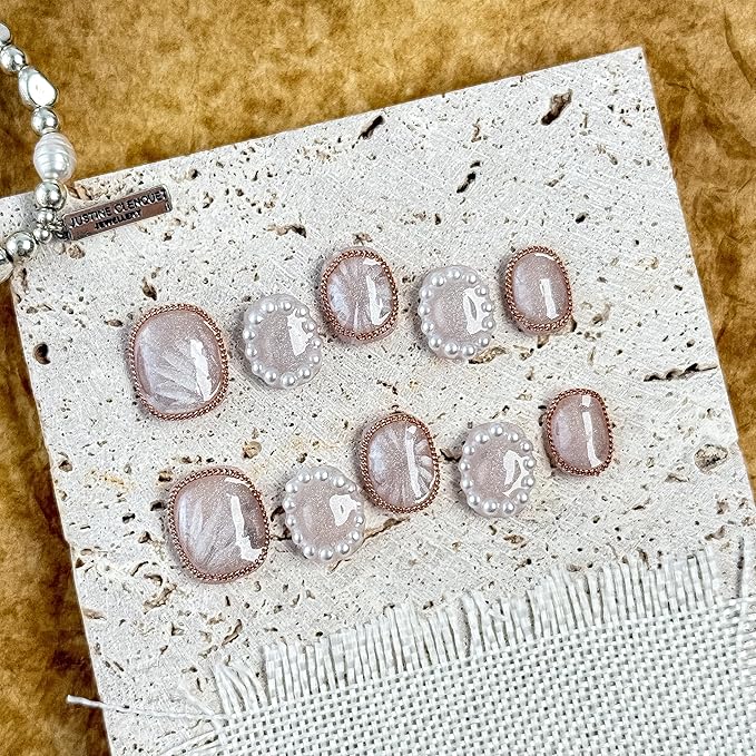 Large-Pearl Royale Fake Nails Press-On Manicure Kit for Women | French Tip 10 Nails | Nail Glue, Dual Nail File, Cuticle Stick, Buffer Block | Measure Before Ordering