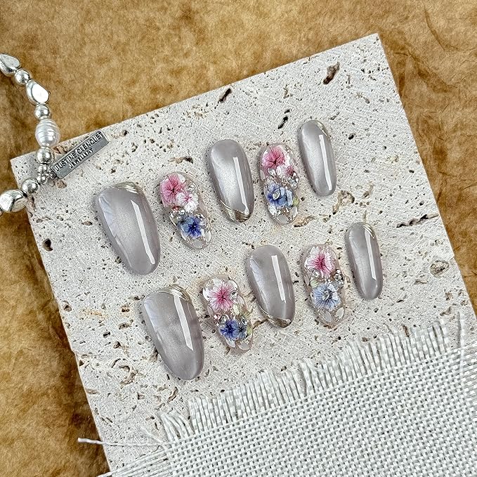 Medium-Blossom Whisper Fake Nails Press-On Manicure Kit for Women | French Tip 10 Nails | Nail Glue, Dual Nail File, Cuticle Stick, Buffer Block | Measure Before Ordering