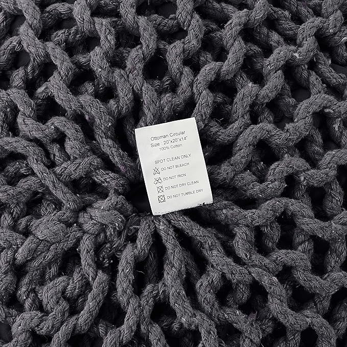 REDEARTH Round Pouf Foot Stool Ottoman - Cotton Hand Knitted Dori Pouffe - Cord Boho Home Décor - Stuffed Cable Poof for Living Room - Bedroom (19.5"x19.5"x14") - Dark Gray