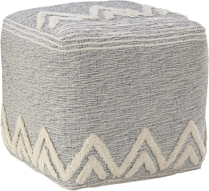 LR Home Gray/Ivory Geometric Hand-Woven Polyester Ottoman Pouf for Home Decor | Modern Transitional Foot Rest for Bedroom & Living Room Decor | 16 x 16 x 16 Stuffed Ottoman for Seating