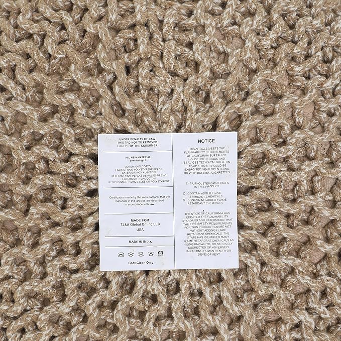 REDEARTH Round Pouf Ottoman - Hand Knitted Cable Boho Poof Home Décor Pouffe Circular Footrest for Living Room - Nursery - Bedroom - Lounge 100% Cotton (18”x18”x14”) - Beige Ivory