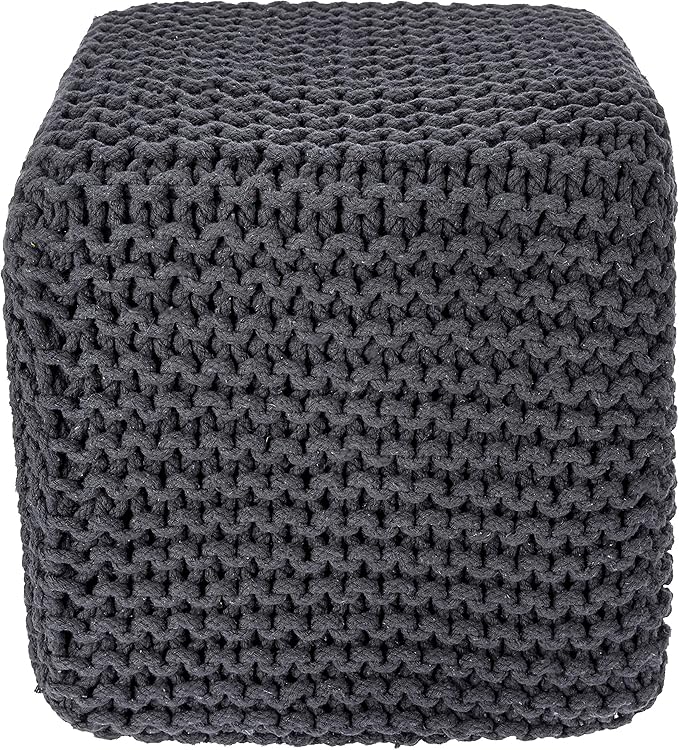 REDEARTH Cube Pouf Foot Stool Ottoman - Hand Knitted Coffee Table - Cotton Cord Boho Pouffe - Home Décor Poof - Stuffed Footrest for Living Room - Bedroom - Patio (16" x 16" x 16") - Dark Gray