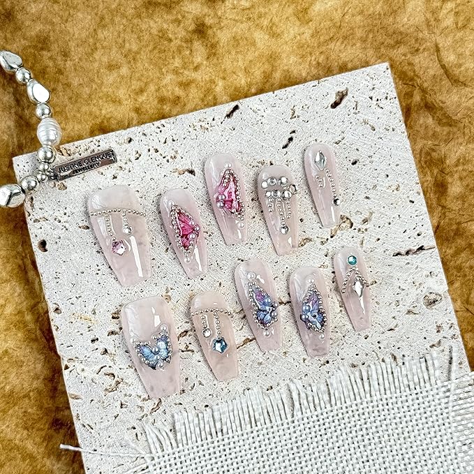 Large-Butterfly Dreams Fake Nails Press-On Manicure Kit for Women | French Tip 10 Nails | Nail Glue, Dual Nail File, Cuticle Stick, Buffer Block | Measure Before Ordering