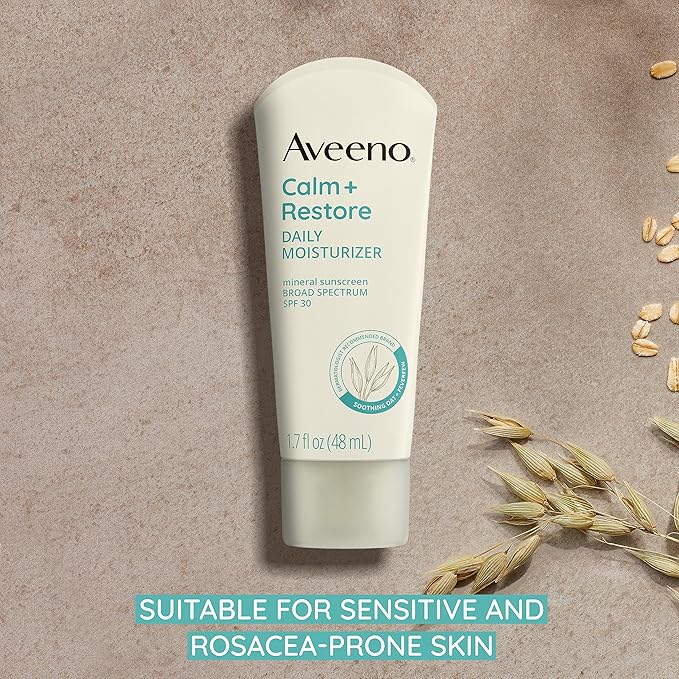 Aveeno Calm + Restore Daily Moisturizer Mineral Sunscreen with Broad Spectrum SPF 30, Lightweight All Day Moisture + UVA/UVB Sun Protection for Sensitive Skin, Fragrance Free, 1.7 fl. Oz