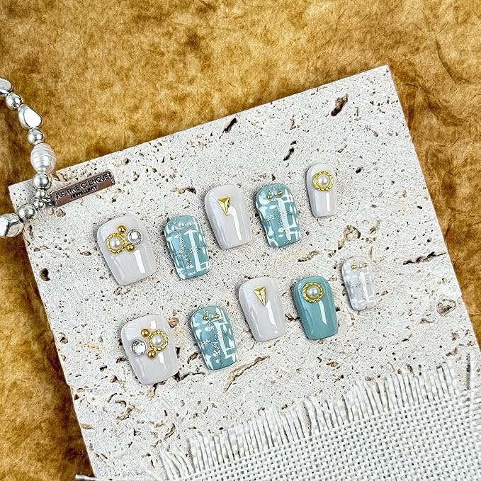 Medium-Frosted Mint Charm Fake Nails Press-On Manicure Kit for Women | French Tip 10 Nails | Nail Glue, Dual Nail File, Cuticle Stick, Buffer Block | Measure Before Ordering