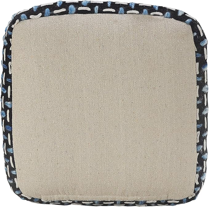 L. R. Resources, Inc. LR Home Hand-Woven Black/White/Blue Geometric Cotton Square Ottoman Pouf for Home Decor | Indoor Foot Rest for Bedroom & Living Room | 16 x 16 x 16 Stuffed Ottoman for Seating