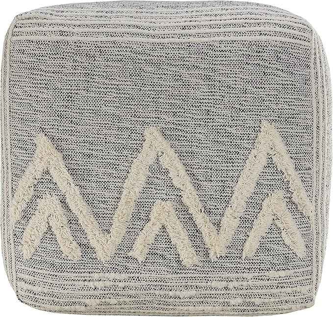 LR Home Gray/Ivory Geometric Hand-Woven Polyester Ottoman Pouf for Home Decor | Modern Transitional Foot Rest for Bedroom & Living Room Decor | 16 x 16 x 16 Stuffed Ottoman for Seating