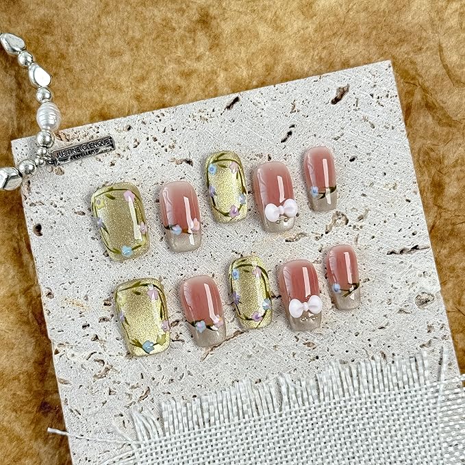 Medium-Golden Garden Fake Nails Press-On Manicure Kit for Women | French Tip 10 Nails | Nail Glue, Dual Nail File, Cuticle Stick, Buffer Block | Measure Before Ordering