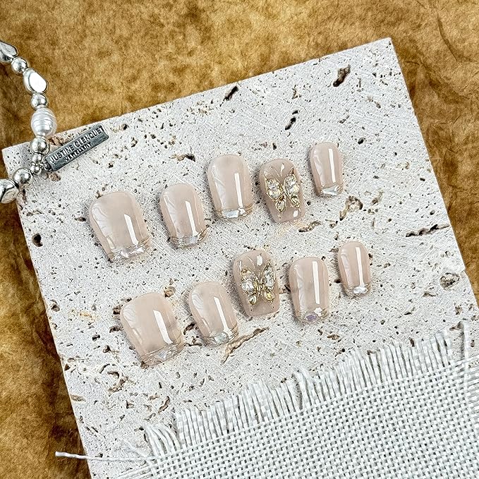 Large-Nude Luxe Blossom French Tip Press-On 10 Nails Manicure Kit for Women | Custom Handcrafted Nail Glue, Dual Nail File, Cuticle Stick & Buffer Block | Measure Before Ordering