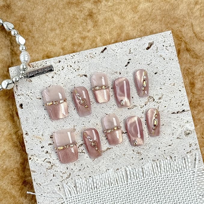 Large-Champagne Glam French Tip Press-On 10 Nails Manicure Kit for Women | Custom Handcrafted Nail Glue, Dual Nail File, Cuticle Stick & Buffer Block | Measure Before Ordering