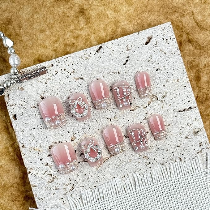 Medium-Peach Crystal Charm French Tip Press-On 10 Nails Manicure Kit for Women | Custom Handcrafted Nail Glue, Dual Nail File, Cuticle Stick & Buffer Block | Measure Before Ordering