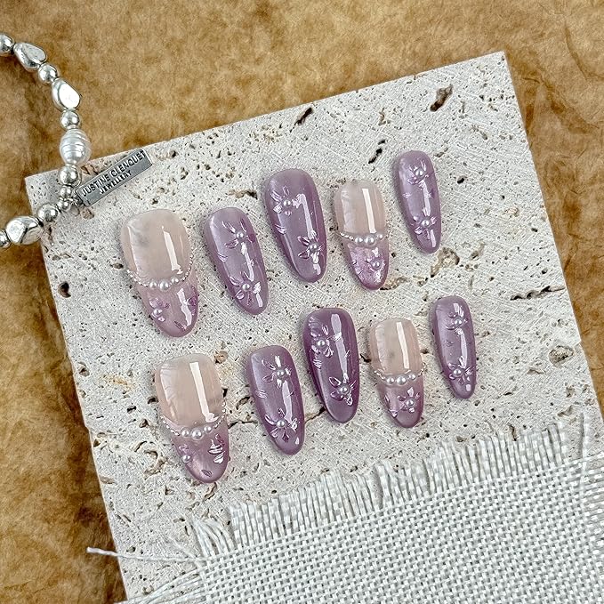Large-Lavender Pearl Blossom French Tip Press-On 10 Nails Manicure Kit for Women | Custom Handcrafted Nail Glue, Dual Nail File, Cuticle Stick & Buffer Block | Measure Before Ordering