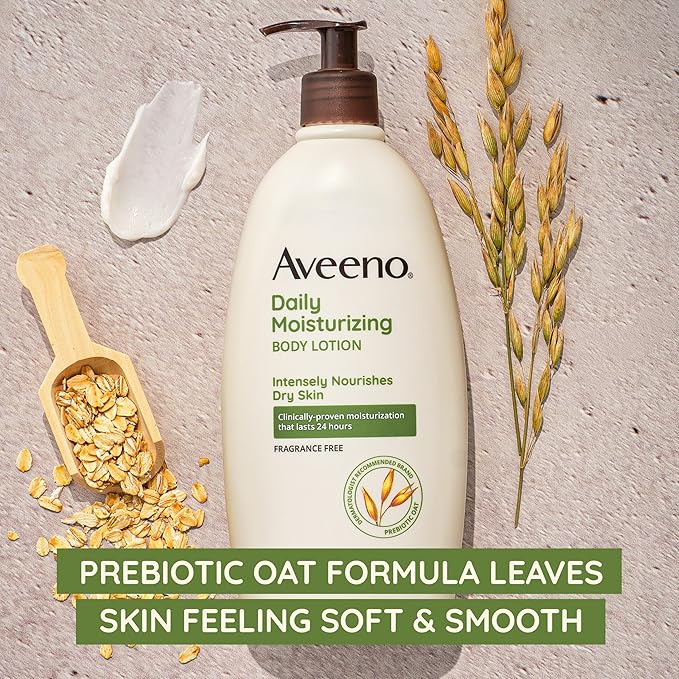 Aveeno Daily Moisturizing Body Lotion with Soothing Prebiotic Oat, Gentle Lotion Nourishes Dry Skin With Moisture, Paraben-, Dye- & Fragrance-Free, Non-Greasy & Non-Comedogenic, 12 fl. Oz