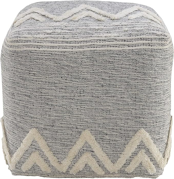 LR Home Gray/Ivory Geometric Hand-Woven Polyester Ottoman Pouf for Home Decor | Modern Transitional Foot Rest for Bedroom & Living Room Decor | 16 x 16 x 16 Stuffed Ottoman for Seating