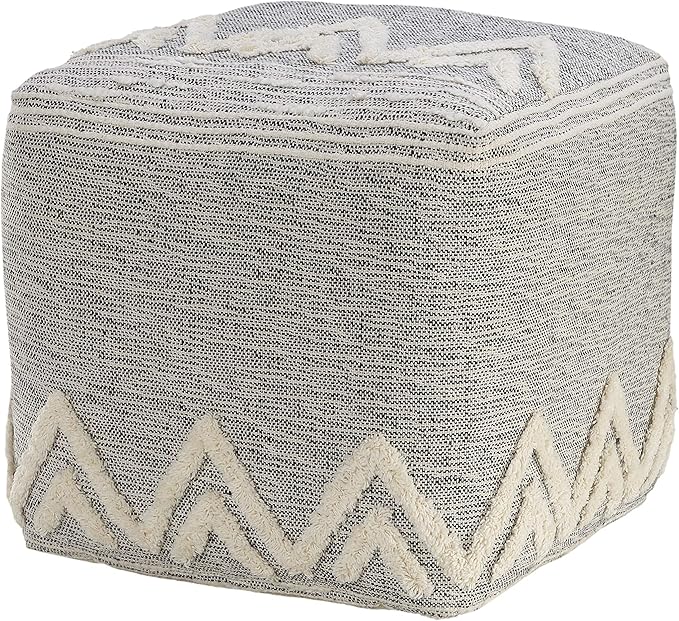 LR Home Gray/Ivory Geometric Hand-Woven Polyester Ottoman Pouf for Home Decor | Modern Transitional Foot Rest for Bedroom & Living Room Decor | 16 x 16 x 16 Stuffed Ottoman for Seating