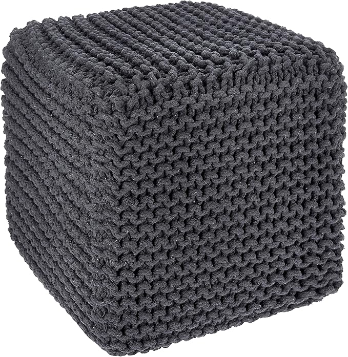 REDEARTH Cube Pouf Foot Stool Ottoman - Hand Knitted Coffee Table - Cotton Cord Boho Pouffe - Home Décor Poof - Stuffed Footrest for Living Room - Bedroom - Patio (16" x 16" x 16") - Dark Gray