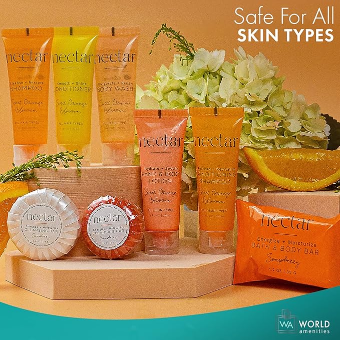 World Amenities Nectar Bulk Shampoo | 300 Count, 1 oz | Sweet Orange Blossom, Mini Travel Size Toiletries (100% Recyclable Tube with Flip Top Cap), Airbnb Rentals, Suitable for All Hair Types