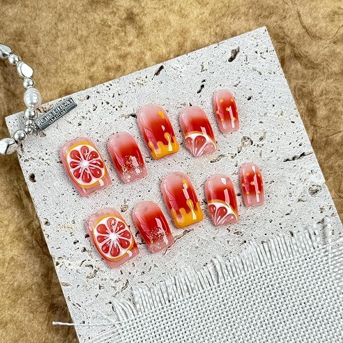 Medium-Citrus Splash French Tip Press-On 10 Nails Manicure Kit for Women | Custom Handcrafted Nail Glue, Dual Nail File, Cuticle Stick & Buffer Block | Measure Before Ordering