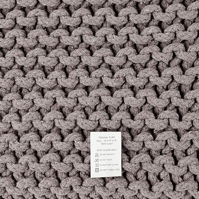 REDEARTH Cube Hand Knitted Pouf - Foot Stool Ottoman - Cord Boho Pouffe - Poof Accent Stuffed Table or Footrest for Living Room - Nursery - Bedroom - Patio - 100% Cotton (16" x 16" x 16") - Taupe