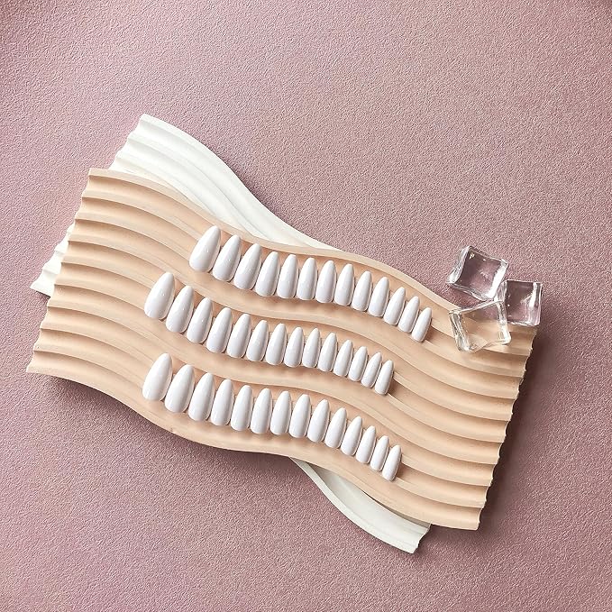48Pcs White Press on Nails Almond Fake Nails Glue on Nails Medium Length Almond Shaped Nails Press ons, Stiletto Nails False Nails for Women, Medium Almond Nails, Thick Natural Acrylic Gel Nails