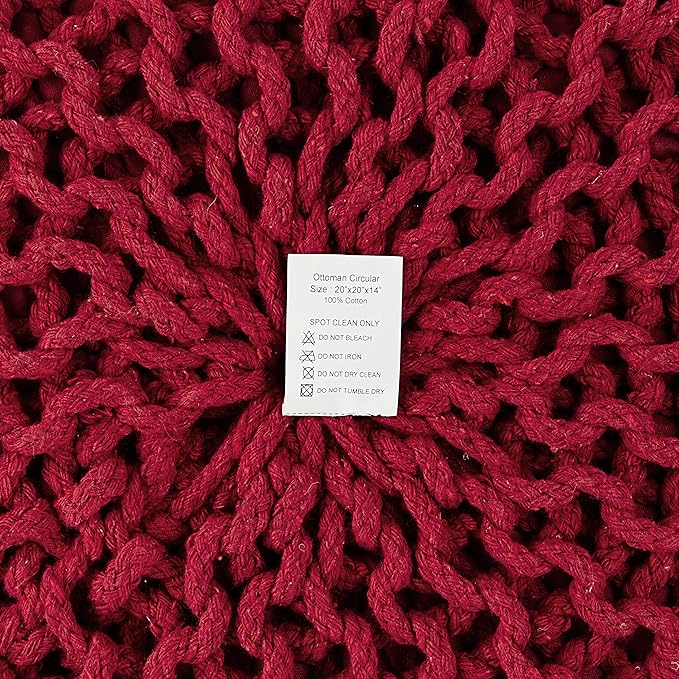 REDEARTH Round Pouf Ottoman - Hand Knitted Cable Boho Poof - Foot Stool Bean Bag - Home Décor Stuffed Footrest for Living Room - Nursery - Bedroom - 100% Cotton Poufs (19.5"x19.5"x14") - Red