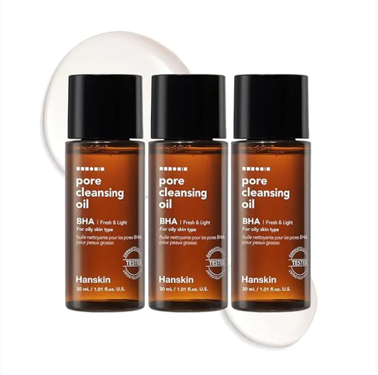 Hanskin BHA Pore Cleansing Oil, Sample Trial Size, Travel Size Mini Makeup Remover Set, Gentle Blackhead Cleanser for Combination and Oily Skin [30 ml/Pack of 3]