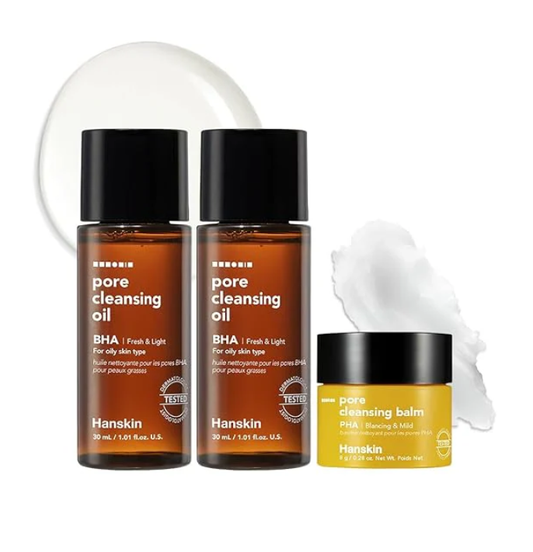 Hanskin BHA Pore Cleansing Oil and PHA Cleansing Balm, Sample Trial Size, Travel Size Mini Makeup Remover Set, Gentle Blackhead Cleanser for Combination and Oily Skin [30 ml/Pack of 2] + [8g/PHA Balm]
