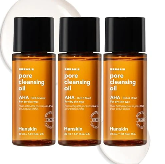 Hanskin Alpha Hydroxy Acid Pore Cleansing Oil, Sample Trial Mini Size, Exfoliating Makeup Remover Facial Cleanser Set, Moisturizing [30 ml/Pack of 3]